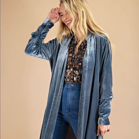 Dark Teal Velvet Boho Lace Up Tassel Sleeve Belted Open Cardigan Jacket - Picture 2 of 16